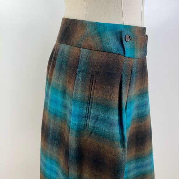 Chadwick’s Collection Plaid Wool Skirt Brown Teal Pleated Twee - Picture 7 of 8
